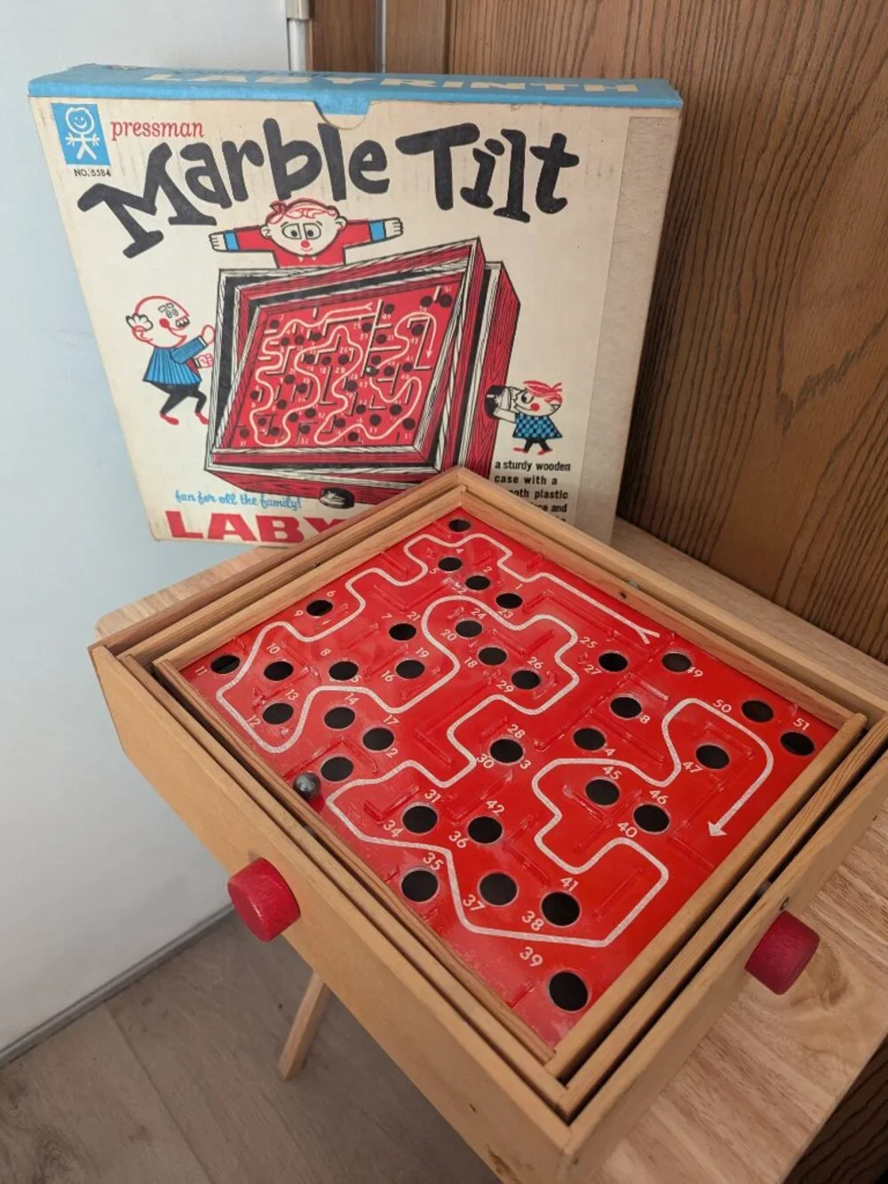 VTG 1960s Marble Tilt Labyrith Maze Game Wooden In Box Balance Skill -Pressman